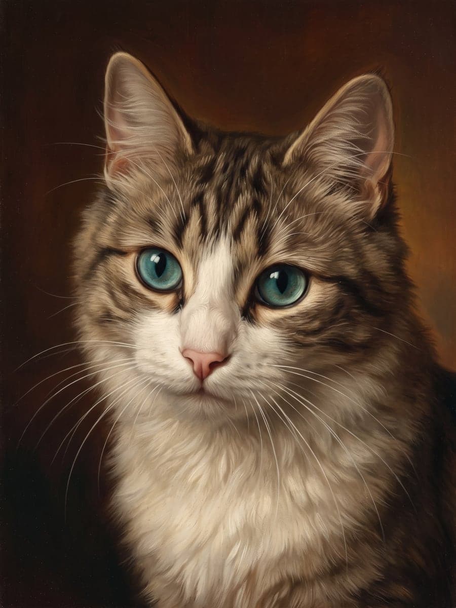 Oil painting style portrait of a tabby cat