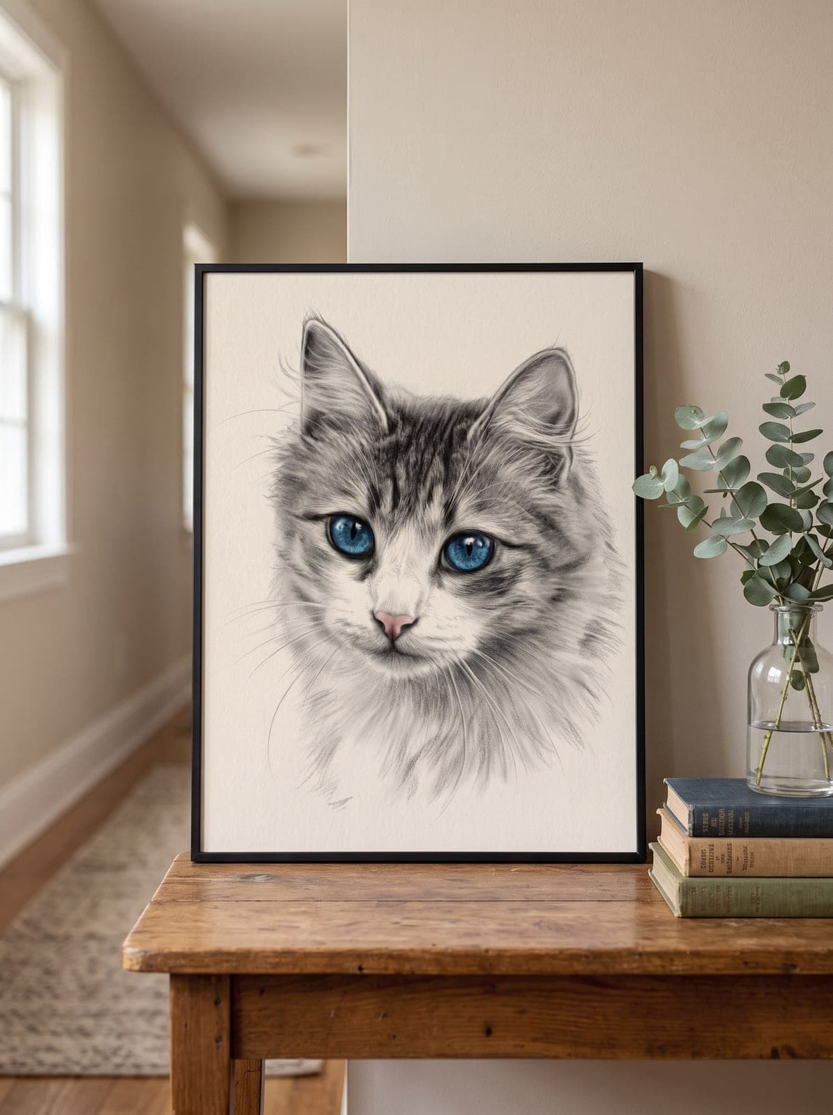 A framed charcoal portrait of a cat on a hallway table