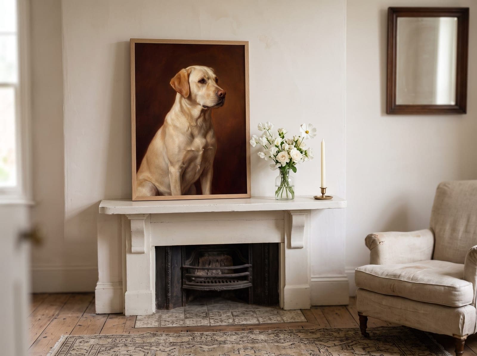 A framed oil portrait of a golden labrador on a mantelpiece beside white flowers