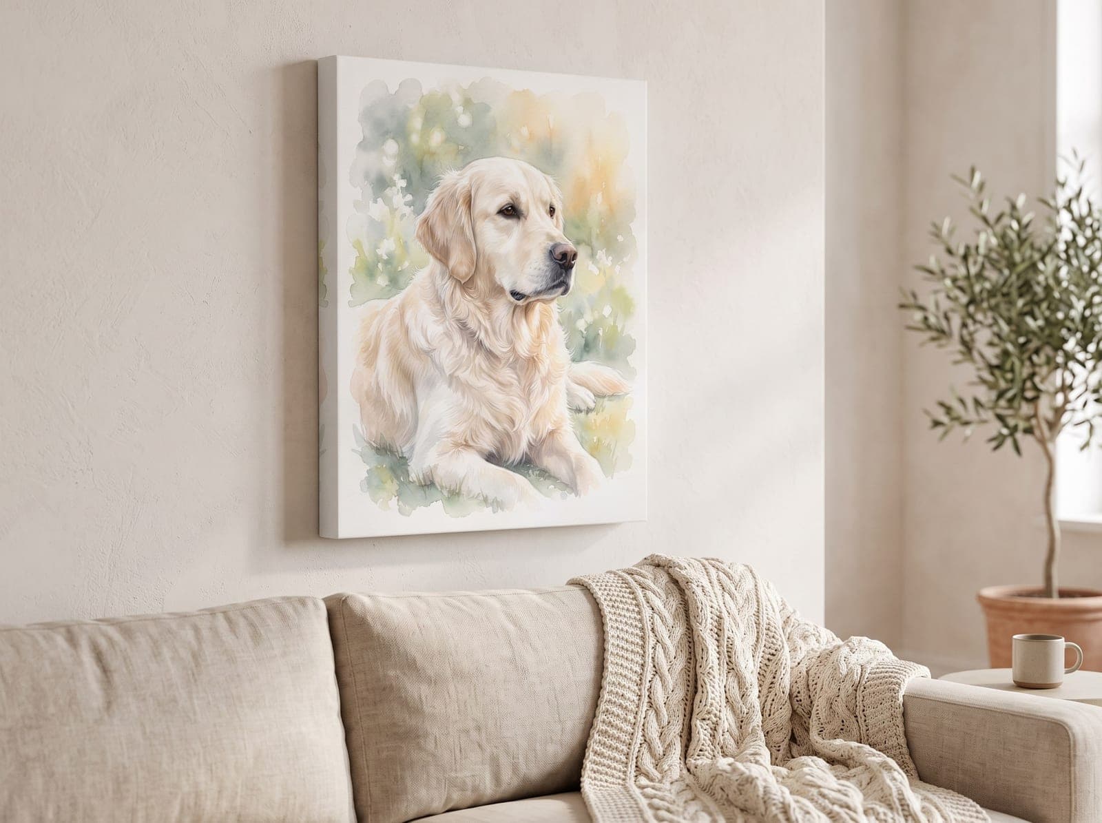 A watercolour canvas above a linen sofa